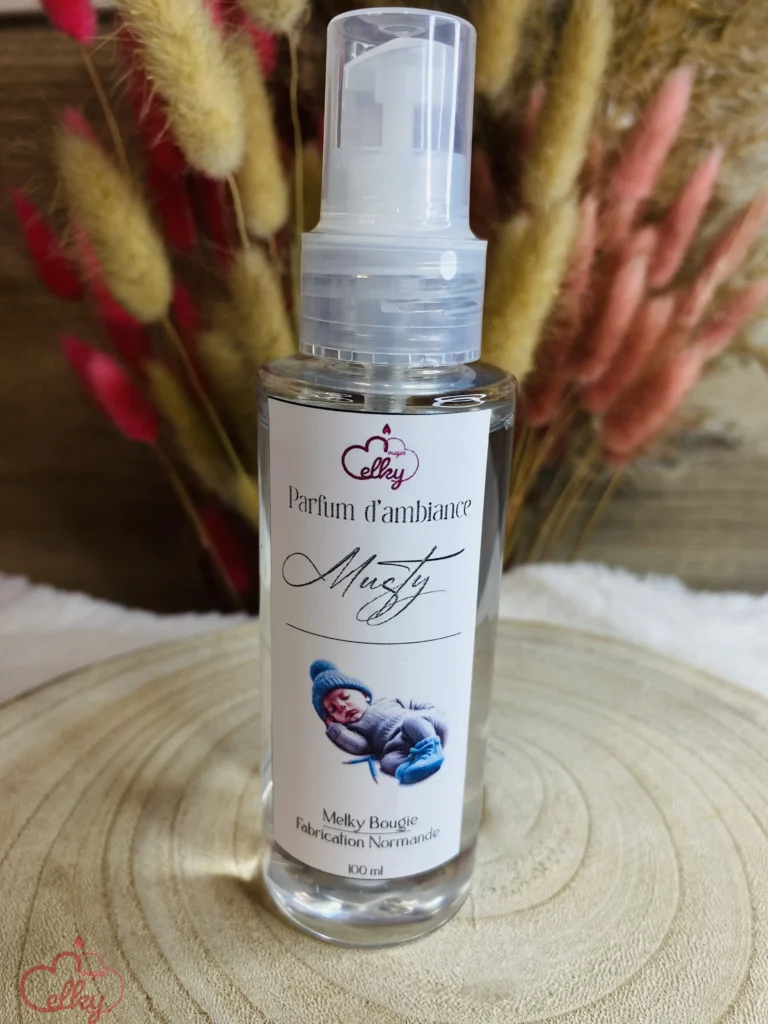 Flacon de parfum d’ambiance transparent avec un vaporisateur blanc. L’étiquette affiche le logo Melky Bougie, le nom du parfum 'Musty' en écriture élégante, et l’image d’un bébé endormi en tenue bleue. En arrière-plan, des fleurs séchées aux tons naturels et rosés apportent une touche chaleureuse et douce.