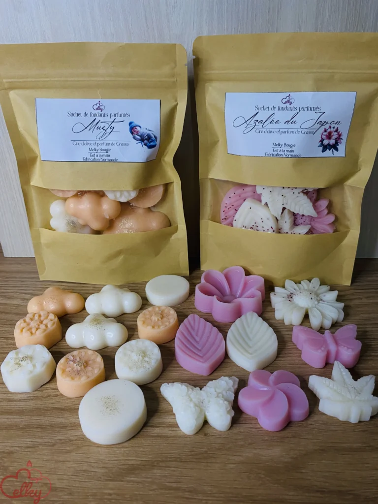 Sachets de fondants parfumés en cire d'olive et parfum de Grasse, présentés en sachets kraft refermables. Devant, plusieurs fondants aux formes variées (fleurs, papillons, feuilles) et aux couleurs douces (rose, blanc, beige) sont disposés sur une surface en bois.